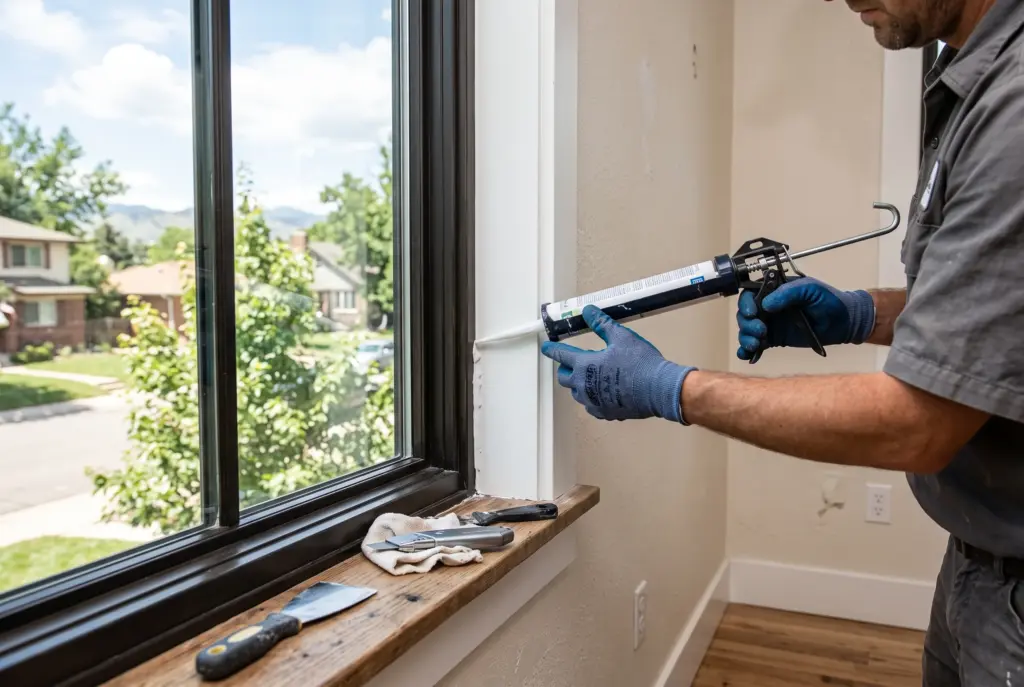 Installer applying sealant around an interior window frame