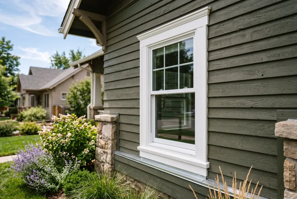 White-framed window on the exterior of a green-sided home