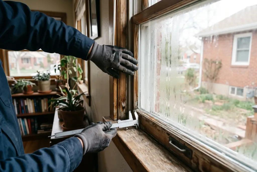 Gloved worker inspecting an older window frame