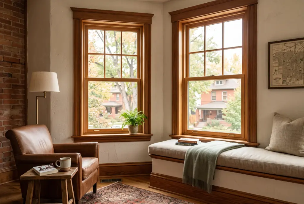 Living room with wood-framed windows and a window seat