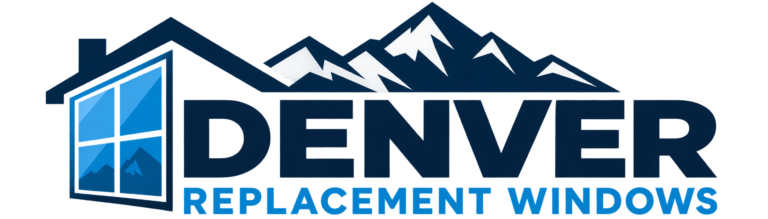 Denver Replacement Windows company logo featuring a house, blue window, and Rocky Mountains.